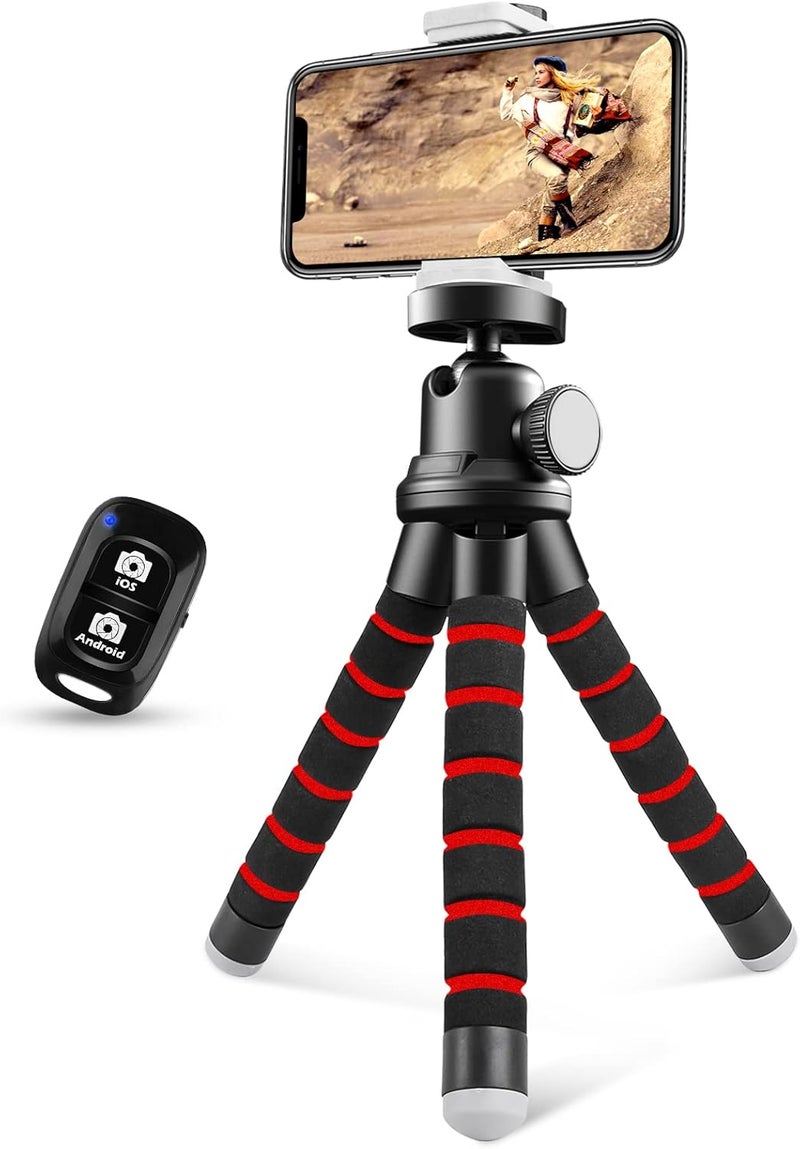 Sensyne Phone Tripod, Flexible Cell Phone Tripod with Phone Holder and Wireless Remote, Mini Travel Tripod Stand, Compatible with All Cell Phones, Cameras (Red) - Image 1